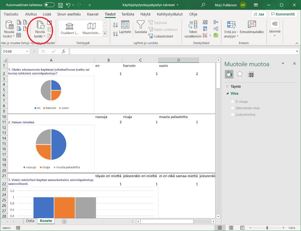 Kyselyn tulokset saadaan automaattisesti Exceliin. Viimeisimmät kyselyn tulokset saadaan päivitettyä Exceliin Päivitä kaikki -toiminnolla, jolloin tiedot ja kaaviot päivittyvät automaattisesti.